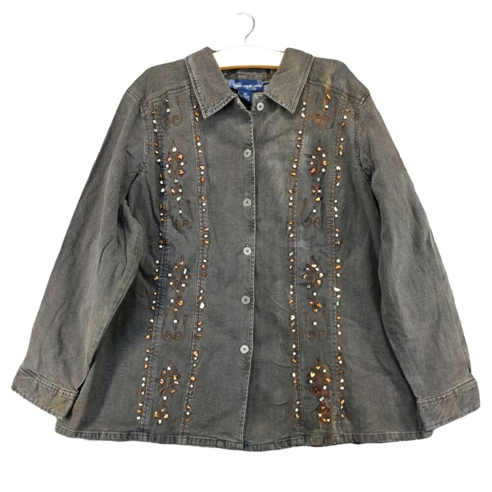Susan Graver Style Womens Button Up Jacket Size 2X Gray Beaded / Pebbles